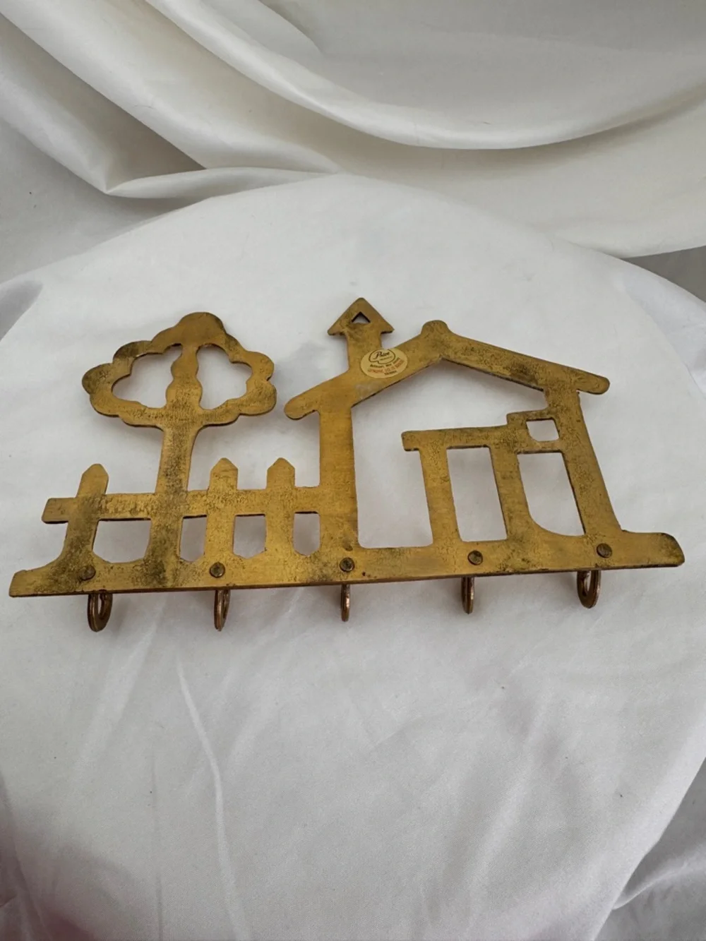 Vintage Brass Cottagecore House & Tree Wall Hook Entryway Decor Key Holder MCM